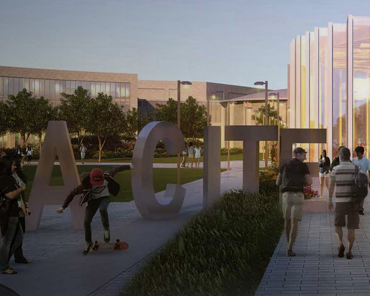 Une grande sculpture extérieure formant le mot « La Cité » est visible, tandis que des passants et un skateur se trouvent devant des bâtiments modernes. La scène dépeint un espace public animé, mêlant éléments architecturaux et activité piétonne.