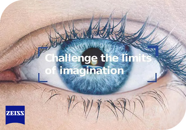 Un gros plan d'un œil humain, montrant un iris bleu vif, est présenté avec un texte superposé qui se lit comme suit : « Défiez les limites de l'imagination ».