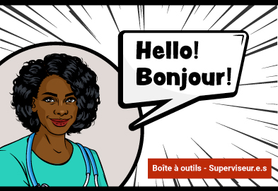 vignette montre une personne à la peau foncée, aux cheveux bouclés volumineux, portant un haut turquoise. Une étiquette rouge en bas à droite mentionne « Boîte à outils – Superviseur.e.s ».