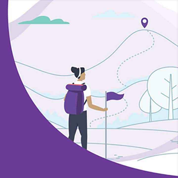 Personnage avec sac à dos suivant un chemin pointillé vers un panneau sur une colline.